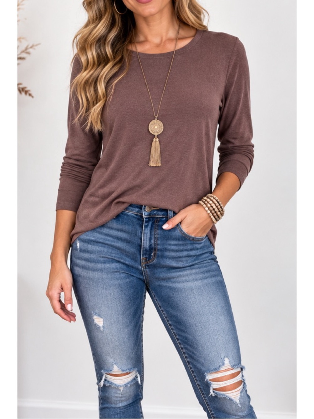 A New Day Brown Women’s Slim Fit Long Sleeve Ribbed top